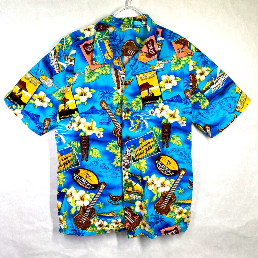 Mens PalmWave Hawaiian Aloha Shirt Mens Large Multicolor Guitar and Surf Boards